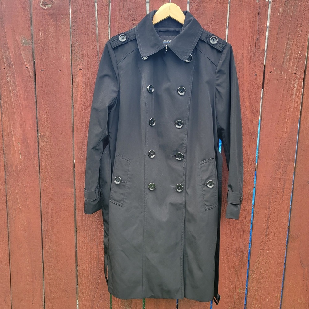 London Fog Black Double Breasted Trench Coat Belted Wool Blend Lining PL 115362